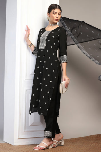 Womens Black Cotton Blend Bandhani Printed Calf Length Kurta And Trouser With Dupatta Set