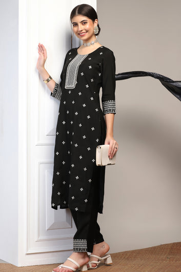 Womens Black Cotton Blend Bandhani Printed Calf Length Kurta And Trouser With Dupatta Set