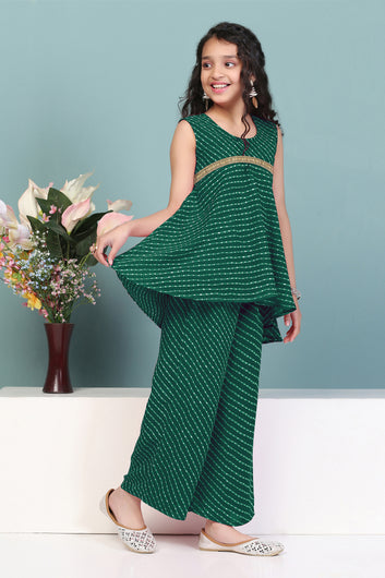 Girls Green Georgette Leheriya Printed High-Low Kurta With Palazzo Set