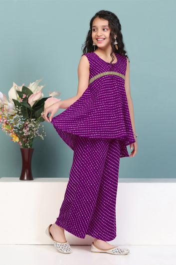 Girls Purple Georgette Leheriya Printed High-Low Kurta With Palazzo Set