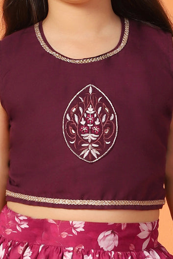 Girls Purple Chanderi Silk Floral Lehenga Choli And Dupatta Set