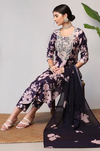 Womens Violet Cotton Blend Floral Printed Ankle Length Straight Kurta And Trouser With Dupatta Set