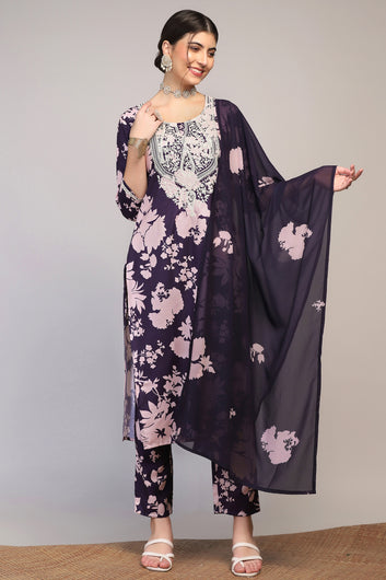 Womens Violet Cotton Blend Floral Printed Ankle Length Straight Kurta And Trouser With Dupatta Set