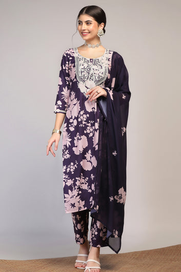 Womens Violet Cotton Blend Floral Printed Ankle Length Straight Kurta And Trouser With Dupatta Set