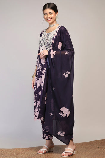 Womens Violet Cotton Blend Floral Printed Ankle Length Straight Kurta And Trouser With Dupatta Set