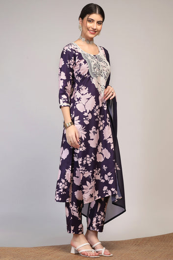 Womens Violet Cotton Blend Floral Printed Ankle Length Straight Kurta And Trouser With Dupatta Set