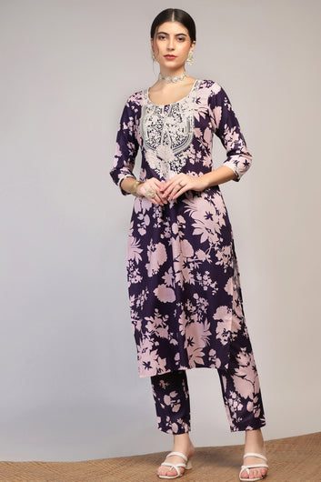 Womens Violet Cotton Blend Floral Printed Ankle Length Straight Kurta And Trouser With Dupatta Set