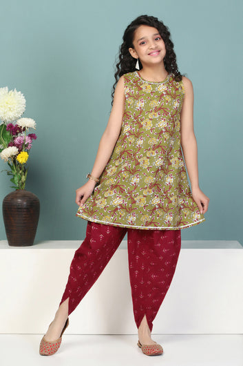 Girls Olive Floral Printed Cotton Kurta With Dhoti Set