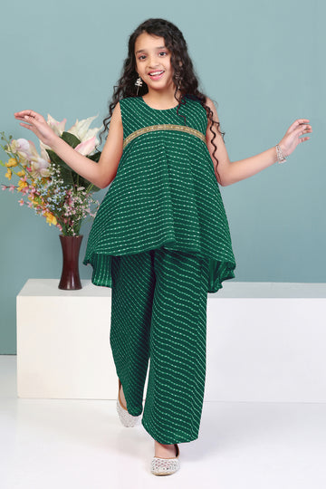 Girls Green Georgette Leheriya Printed High-Low Kurta With Palazzo Set