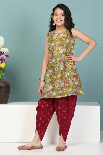 Girls Olive Floral Printed Cotton Kurta With Dhoti Set