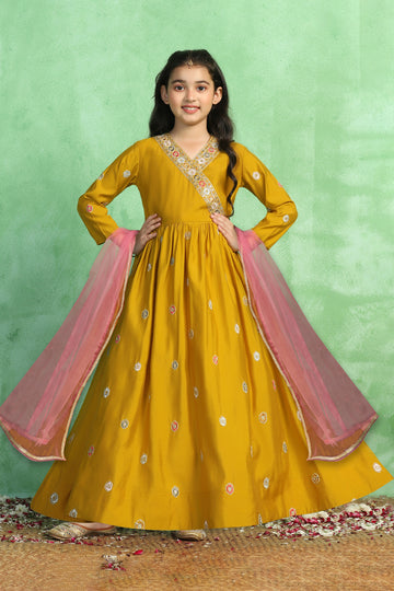 Girls Mustard Chanderi Silk Embroidered Maxi Dress With Dupatta