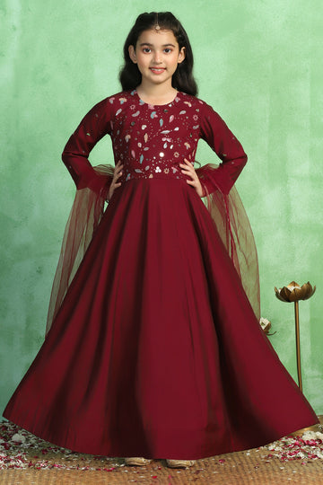 Girls Brown Chanderi Embroidered Empire Maxi Length Dress With Dupatta Set