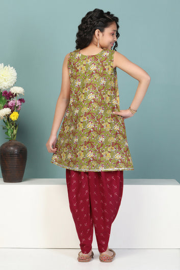 Girls Olive Floral Printed Cotton Kurta With Dhoti Set