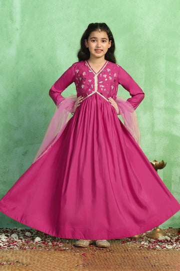 Girl's Pink Chanderi Silk Embroidered Maxi Dress with Dupatta