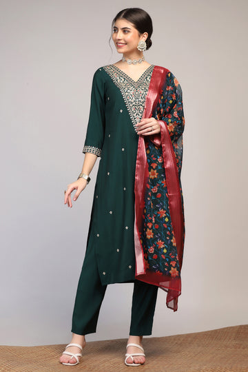 Womens Bottel Green Silk Blend Embroidered Kurta Set with Dupatta