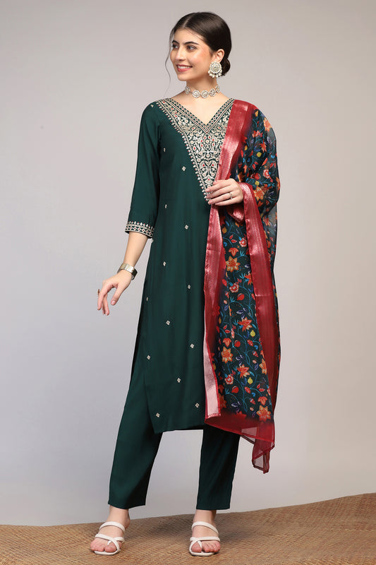 Womens Bottel Green Silk Blend Embroidered Kurta Set with Dupatta