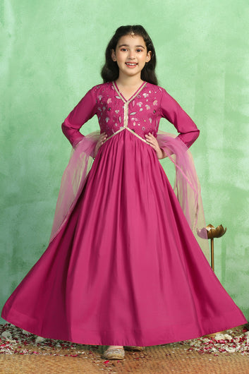 Girl's Pink Chanderi Silk Embroidered Maxi Dress with Dupatta