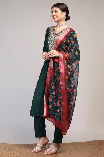Womens Bottel Green Silk Blend Embroidered Kurta Set with Dupatta