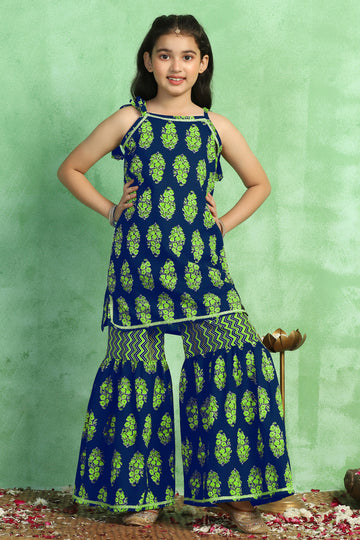 Girls Blue Cotton All Over Floral Printed Straight Kurta With Sharara Set