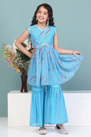 Girls Goergette Leheriya Printed Kurta With Sharara Set
