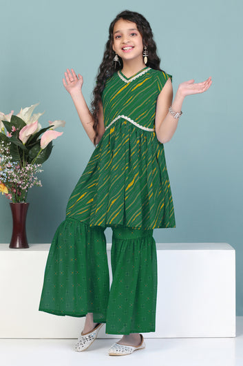 Girls Green Georgette Leheriya Printed Empire Waist Kurta With Sharara Set