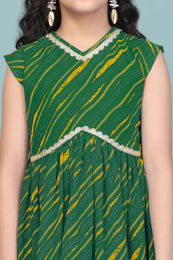 Girls Green Georgette Leheriya Printed Empire Waist Kurta With Sharara Set