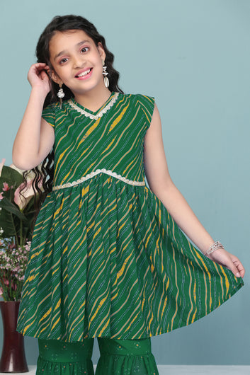 Girls Green Georgette Leheriya Printed Empire Waist Kurta With Sharara Set