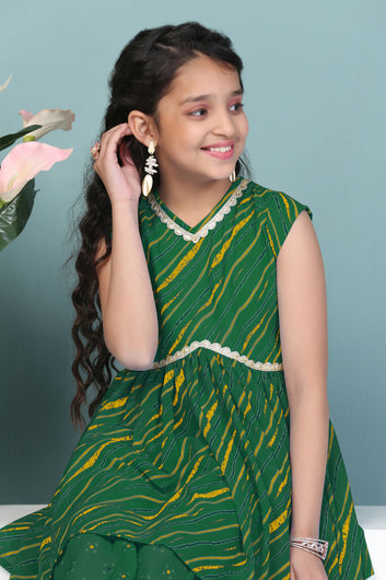 Girls Green Georgette Leheriya Printed Empire Waist Kurta With Sharara Set