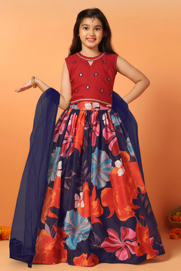 Girls Maroon Chanderi Silk Floral Lehenga Choli And Dupatta Set