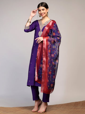 Womens Violet Silk Blend Embroidered Ankle Length Straight Kurta And Pant With Dupatta Set