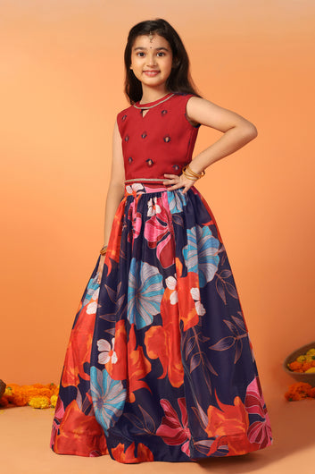 Girls Maroon Chanderi Silk Floral Lehenga Choli And Dupatta Set