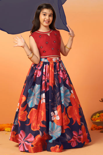 Girls Maroon Chanderi Silk Floral Lehenga Choli And Dupatta Set