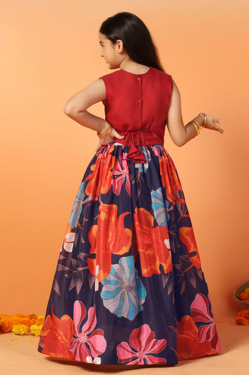 Girls Maroon Chanderi Silk Floral Lehenga Choli And Dupatta Set