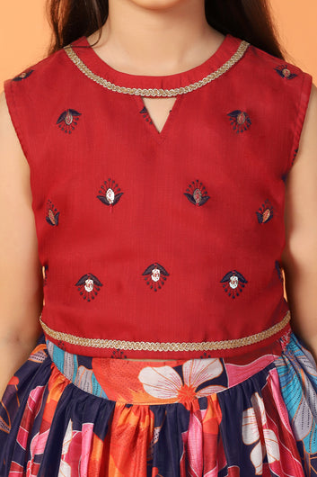 Girls Maroon Chanderi Silk Floral Lehenga Choli And Dupatta Set