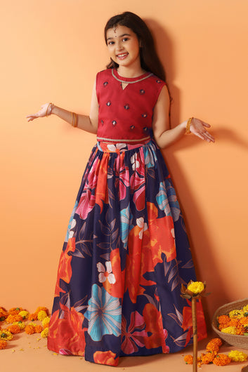 Girls Maroon Chanderi Silk Floral Lehenga Choli And Dupatta Set