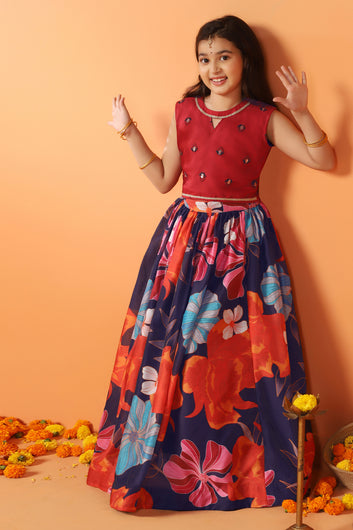 Girls Maroon Chanderi Silk Floral Lehenga Choli And Dupatta Set