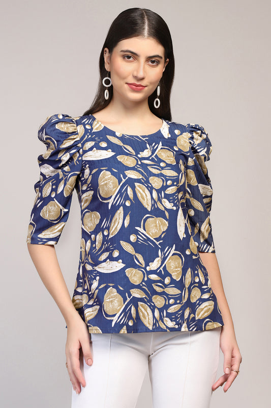 Womens Blue Cotton Blend Abstract Printed Regular Style Hip Length Top