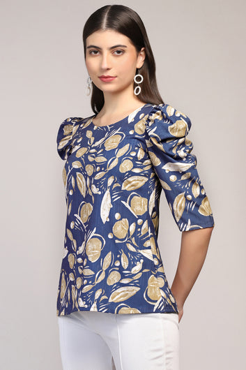 Womens Blue Cotton Blend Abstract Printed Regular Style Hip Length Top