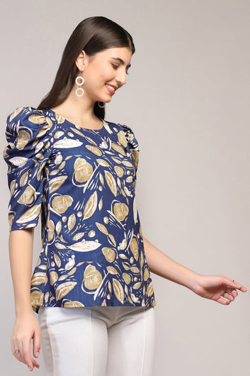 Womens Blue Cotton Blend Abstract Printed Regular Style Hip Length Top