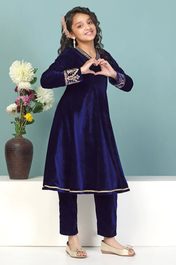 Girls Navy Blue Solid Velvet Kurta With Salwar Set