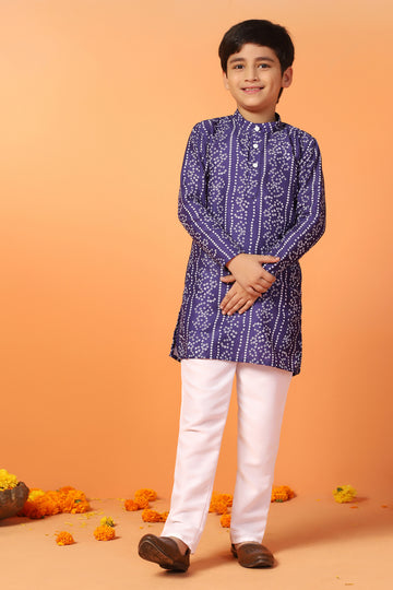 Boy's Blue Muslin Bandhni Printed Kurta With Payjama Set