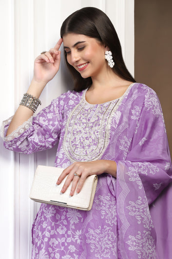 Womens Lavender Cotton Blend Floral Printed Calf Length Kurta And Trouser With Dupatta Set