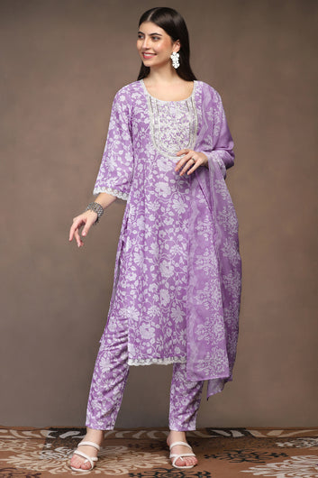 Womens Lavender Cotton Blend Floral Printed Calf Length Kurta And Trouser With Dupatta Set