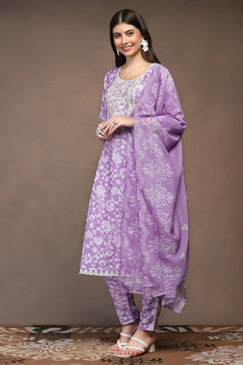 Womens Lavender Cotton Blend Floral Printed Calf Length Kurta And Trouser With Dupatta Set