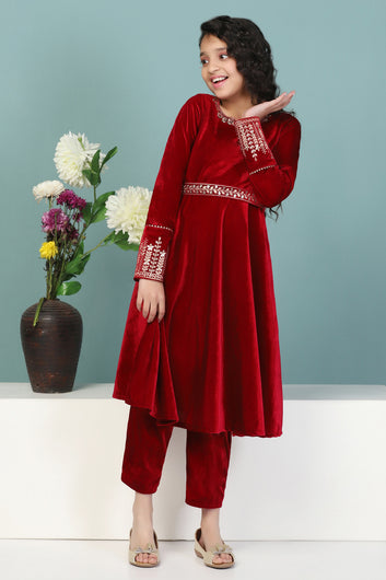 Girls Maroon Velvet Solid Flared Kurta With Pant Set