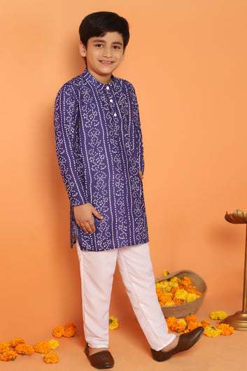 Boy's Blue Muslin Bandhni Printed Kurta With Payjama Set