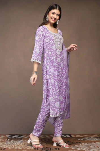 Womens Lavender Cotton Blend Floral Printed Calf Length Kurta And Trouser With Dupatta Set