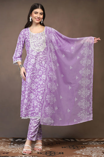 Womens Lavender Cotton Blend Floral Printed Calf Length Kurta And Trouser With Dupatta Set