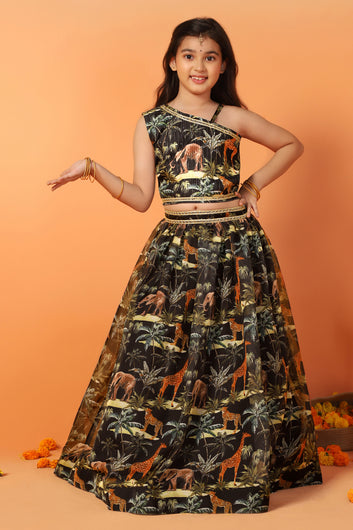 Girls Dark Blue Crepe Silk Anmal Printed One Shoulder Lehenga Choli