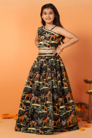 Girls Dark Blue Crepe Silk Anmal Printed One Shoulder Lehenga Choli